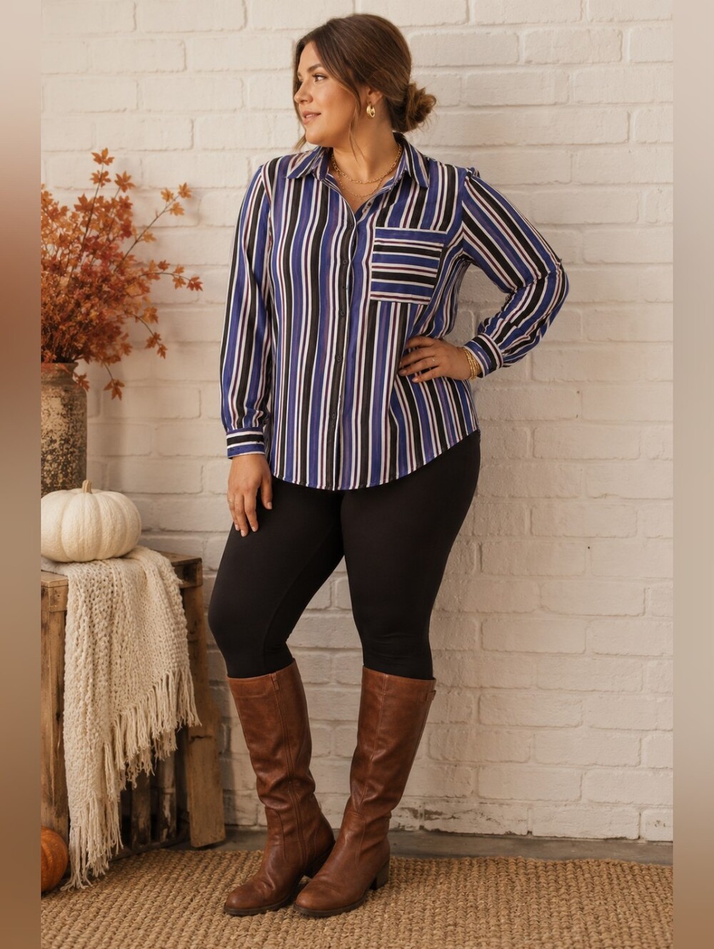 Michel Studio NEW Plus Size 16: Long-Sleeve Blue White Striped Button-Down Tunic